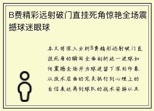 B费精彩远射破门直挂死角惊艳全场震撼球迷眼球