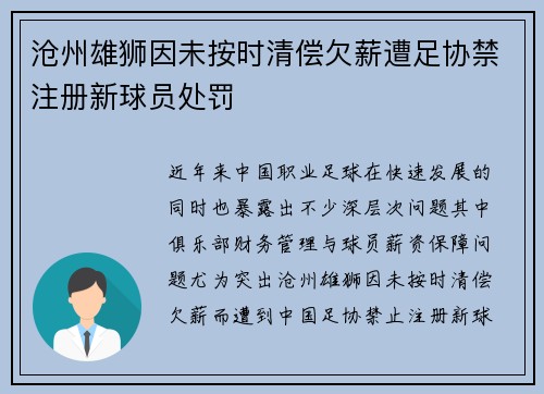 沧州雄狮因未按时清偿欠薪遭足协禁注册新球员处罚